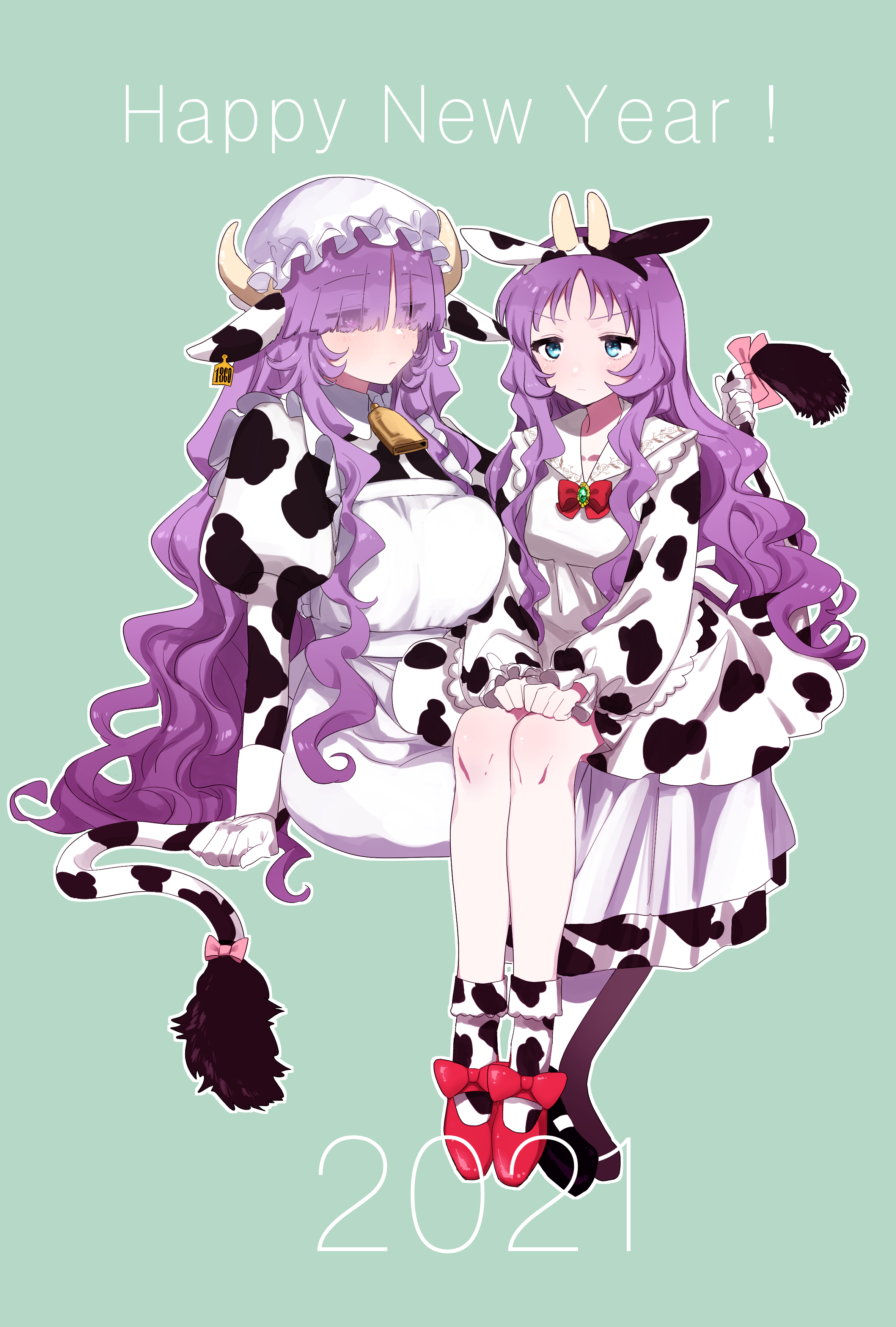 eurasia (wtp09ptw14), francoise (eurasia), original, absurdres, commentary request, highres, 2021, 2girls, aged down, animal ears, animal print, apron, bell, blue eyes, bow, breasts, brooch, choppy bangs, closed mouth, cow ears, cow horns, cow print, cow print dress, cow print socks, cow tail, cowbell, dress, dual persona, eyes visible through hair, fake animal ears, fake horns, fake tail, full body, gem, gloves, green background, green gemstone, happy new year, hat, horns, jewelry, large breasts, long bangs, long hair, long sleeves, looking at another, maid, maid apron, mob cap, multiple girls, neck bell, new year, on lap, own hands together, purple eyes, purple hair, red bow, red shoes, shoes, short bangs, simple background, sitting, sitting on lap, sitting on person, socks, tail, time paradox, very long hair, white apron, white gloves, white hat