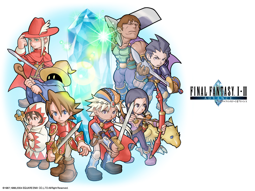 black mage (final fantasy), chocobo, firion, guy (ff2), leon (ff2), maria (ff2), red mage (final fantasy), warrior (final fantasy), warrior of light (ff1), white mage (final fantasy), final fantasy, final fantasy i, final fantasy ii, square enix, 1980s (style), artist request, official art, official wallpaper, 00s, 2004, 2girls, 5boys, armor, arrow (projectile), black skin, blue eyes, boots, bow (weapon), brown eyes, brown hair, cape, chibi, cloak, closed eyes, colored skin, copyright name, crystal, dark skin, gloves, green eyes, grey eyes, hat, long hair, multiple boys, multiple girls, oldschool, open mouth, purple eyes, purple hair, retro artstyle, robe, short hair, staff, sword, warrior, weapon, white hair, witch hat, yellow eyes