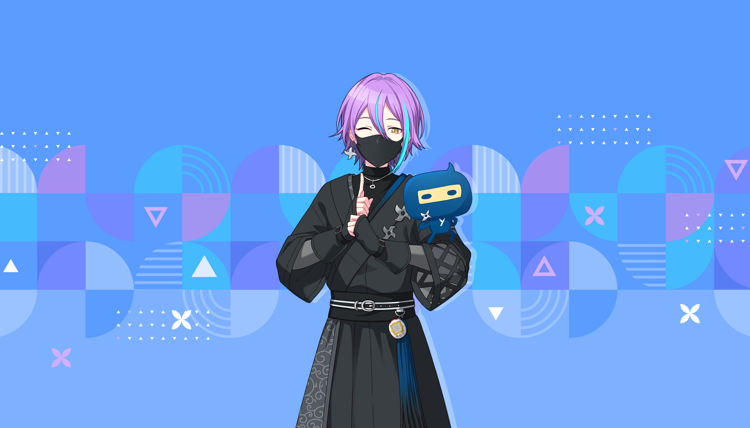 colorful palette, kamishiro rui, project sekai, tamagotchi, game cg, highres, official art, third-party source, 1boy, black shirt, blue background, blue hair, earrings, gozarutchi, hair between eyes, index finger raised, jewelry, male focus, mask, mouth mask, multicolored hair, one eye closed, purple hair, shirt, shuriken, single earring, streaked hair, tamagotchi (creature), tamagotchi (virtual pet), tassel, triangle, virtual pet (toy), weapon, yellow eyes