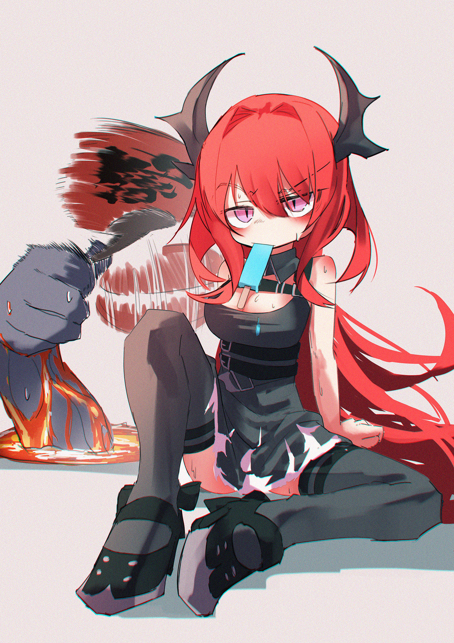 takenuco, arknights, highres, 1girl, black dress, black horns, black thighhighs, breasts, demon horns, detached collar, dress, fanning, food, hair between eyes, hand fan, high heels, horns, knee up, lava, long hair, looking at viewer, medium breasts, melting popsicle, motion blur, pink eyes, popsicle, red hair, short hair with long locks, sidelocks, sitting, spread legs, surtr's golem (arknights), sweat, thighhighs, very long hair