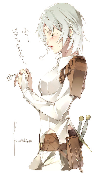 kyo (kuroichigo), fantasy earth zero, 1girl, belt pouch, beltbag, blush, closed eyes, earrings, female focus, glasses, holding, holding removed eyewear, jewelry, pouch, profile, short hair, sigh, signature, solo, sword, unworn eyewear, weapon, white hair
