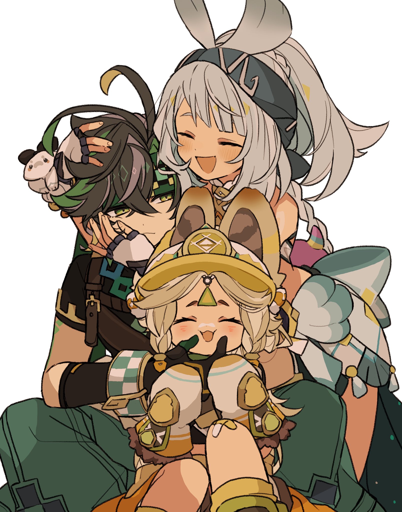 iwashi (iwashi008), kachina (genshin impact), kinich (genshin impact), mualani (genshin impact), genshin impact, highres, 1boy, 2girls, :3, :d, ^ ^, bare shoulders, black hair, blonde hair, blue hairband, blush, cheek pinching, closed eyes, green headband, grey hair, hairband, hat, headband, medium hair, mittens, multiple girls, open mouth, pinching, simple background, sitting, smile, white background, yellow hat