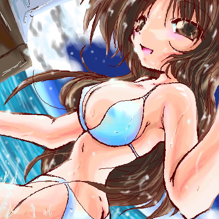 zoids, lowres, non-web source, 1girl, bad anatomy, bikini, brown eyes, brown hair, female focus, long hair, oekaki, solo, swimsuit, water