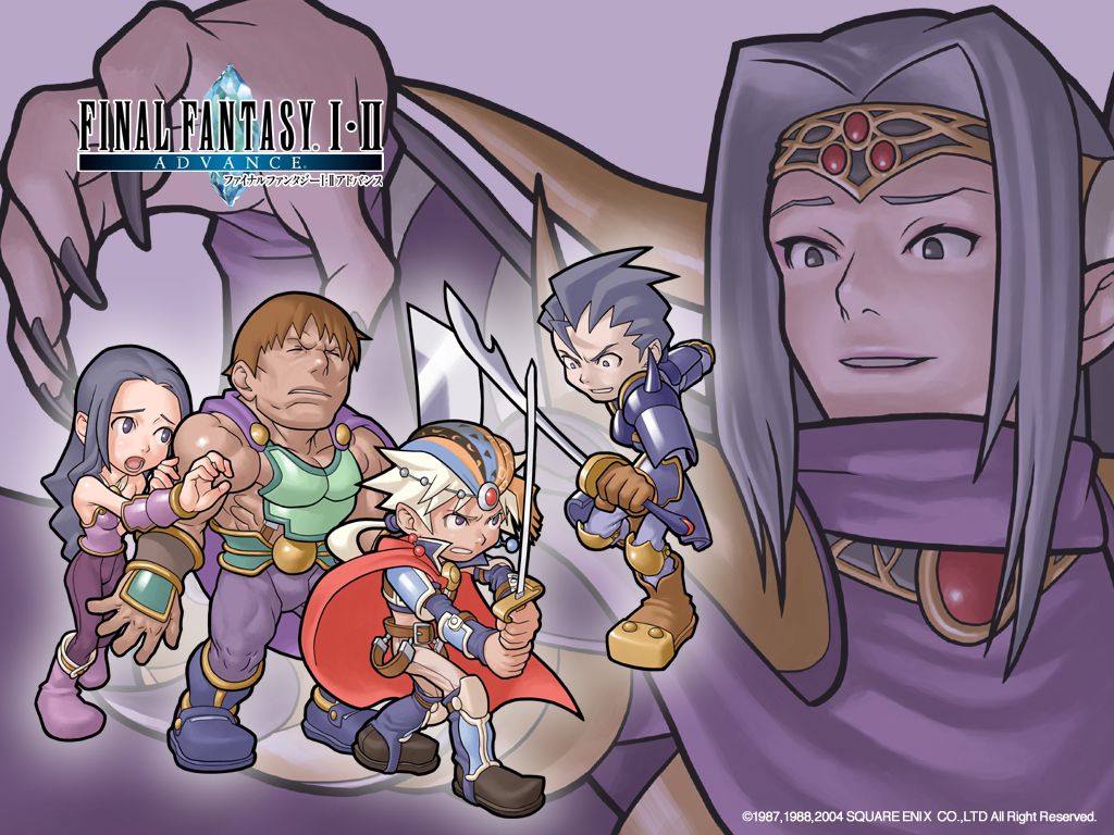 emperor (ff2), emperor mateus, firion, guy (ff2), leon (ff2), maria (ff2), final fantasy, final fantasy ii, 1980s (style), artist request, official art, official wallpaper, 00s, 1girl, 2004, 4boys, armor, boots, brown hair, cape, chibi, closed eyes, copyright name, grey eyes, hat, horns, long hair, multiple boys, oldschool, open mouth, purple eyes, purple hair, retro artstyle, short hair, smile, sword, weapon, white hair