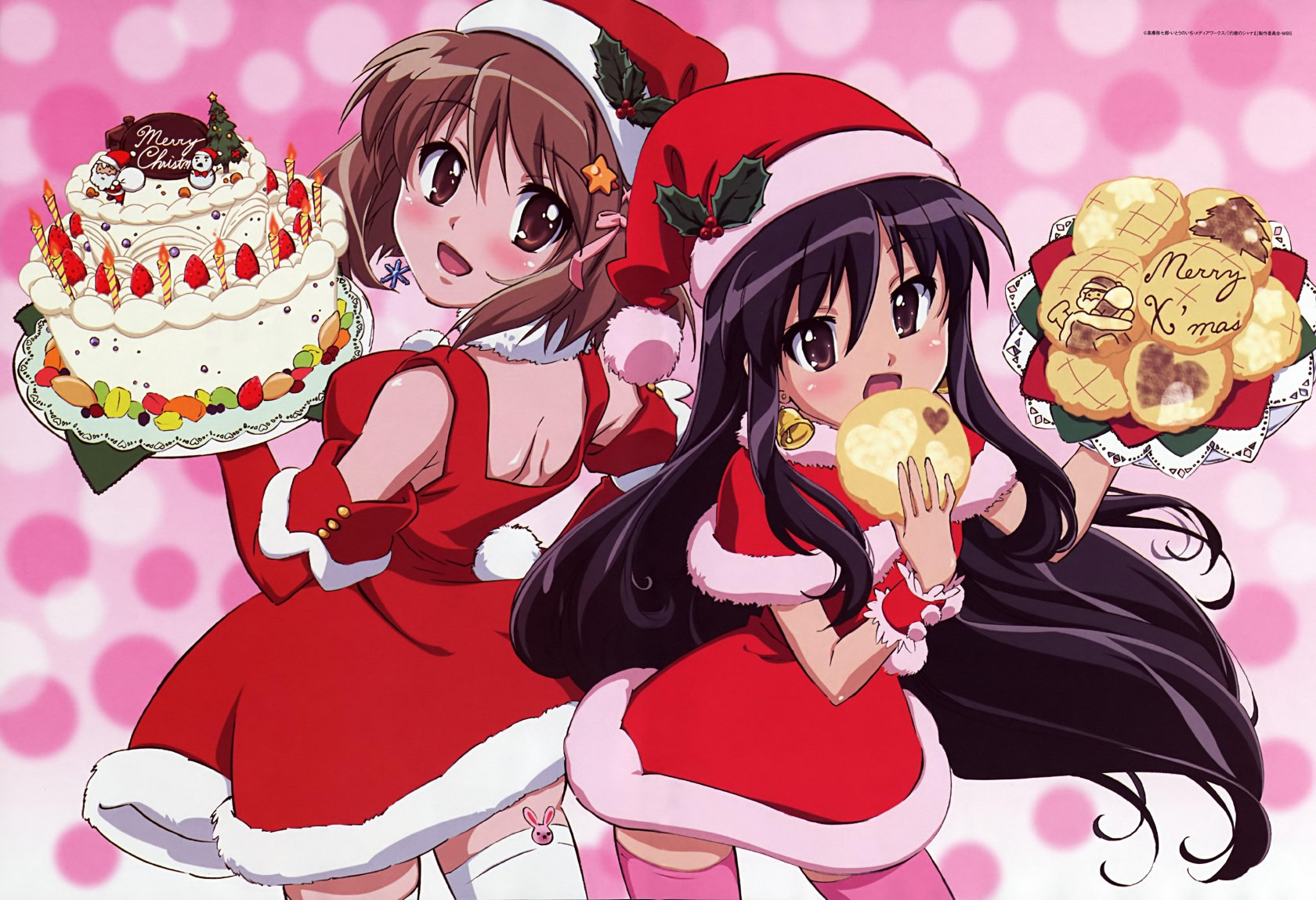 shana, yoshida kazumi, shakugan no shana, highres, jpeg artifacts, non-web source, 00s, black hair, bread, brown eyes, brown hair, cake, capelet, christmas, food, long hair, melon bread, pastry, santa costume, short hair, thighhighs