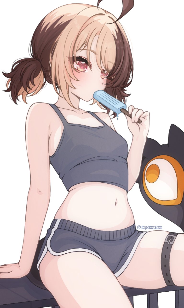gigi murin, holojustice, hololive, hololive english, highres, 1girl, ahoge, blonde hair, brown hair, food, food in mouth, grey shorts, grey tank top, huge ahoge, multicolored hair, pink eyes, popsicle, popsicle in mouth, saku ushi (voice actor), short shorts, shorts, tail, tank top, twintails, two-tone hair, virtual youtuber, white background