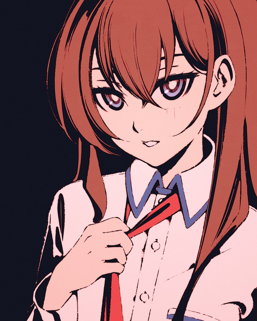 moshimoshibe, makise kurisu, science adventure, steins;gate, 1girl, belt, black pantyhose, black shorts, breast pocket, breasts, brown hair, clenched teeth, clothes grab, collared shirt, hair between eyes, hair over shoulder, leather belt, long hair, looking at viewer, necktie, necktie grab, neckwear grab, no jacket, pantyhose, parted lips, pocket, purple eyes, purple trim, red necktie, ringed eyes, shirt, shorts, small breasts, solo, teeth, undoing own necktie, upper body, white belt, white shirt