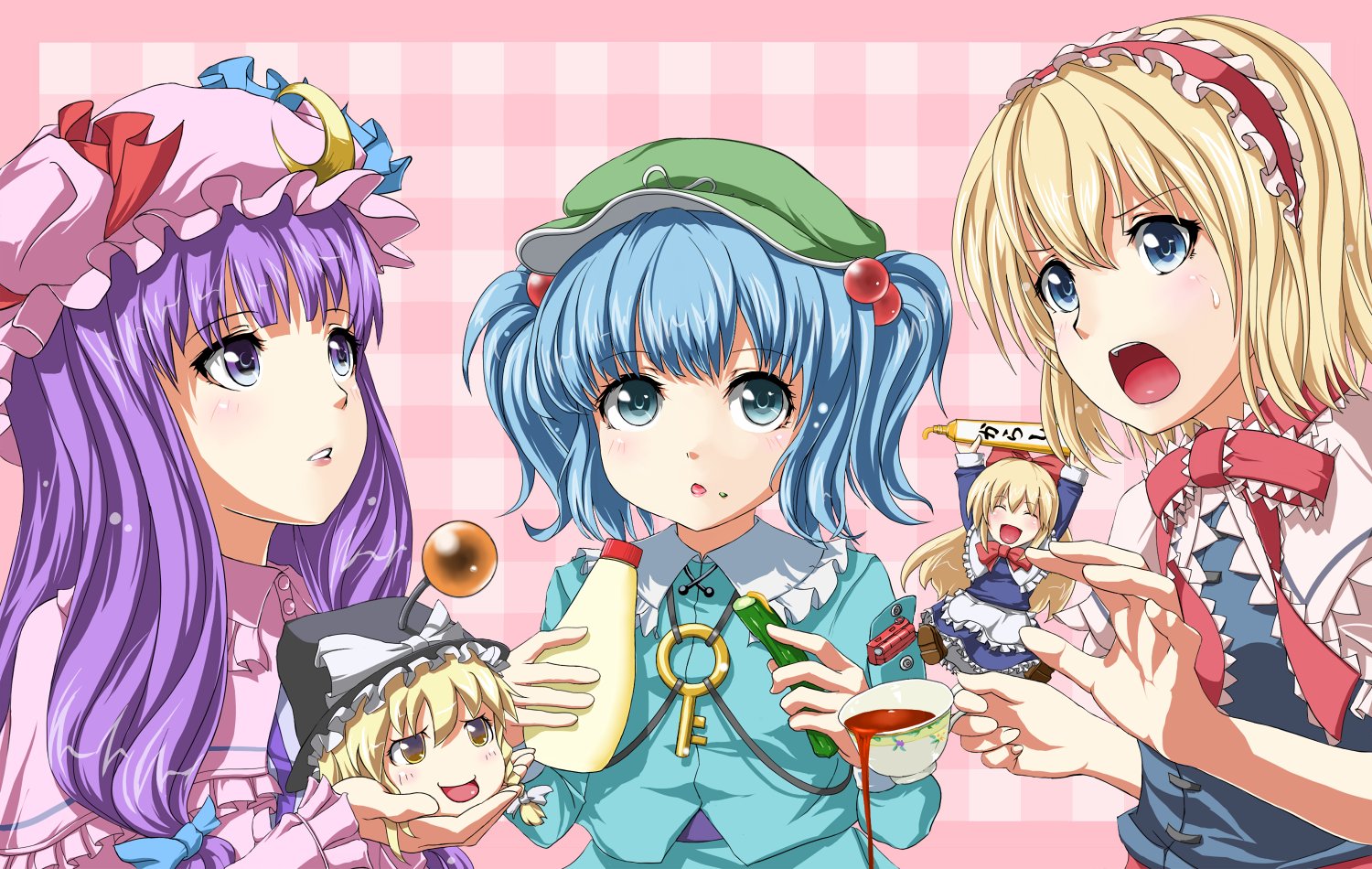 fuji hyorone, alice margatroid, hourai doll, kawashiro nitori, patchouli knowledge, shanghai doll, touhou, bad id, bad pixiv id, 3girls, blonde hair, blue eyes, blue hair, blush, bow, cucumber, cup, female focus, hair bobbles, hair ornament, hat, long hair, mayonnaise, mini person, minigirl, multiple girls, purple eyes, purple hair, short hair, tea, teacup, two side up, yukkuri shiteitte ne