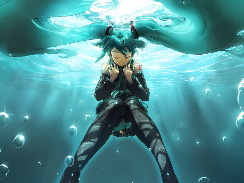 bob (biyonbiyon), hatsune miku, vocaloid, 1girl, aqua necktie, arm tattoo, black boots, blue hair, boots, bubble, caustics, closed eyes, detached sleeves, eyelashes, female focus, long hair, miniskirt, necktie, skirt, smile, solo, sunlight, tattoo, twintails, underwater