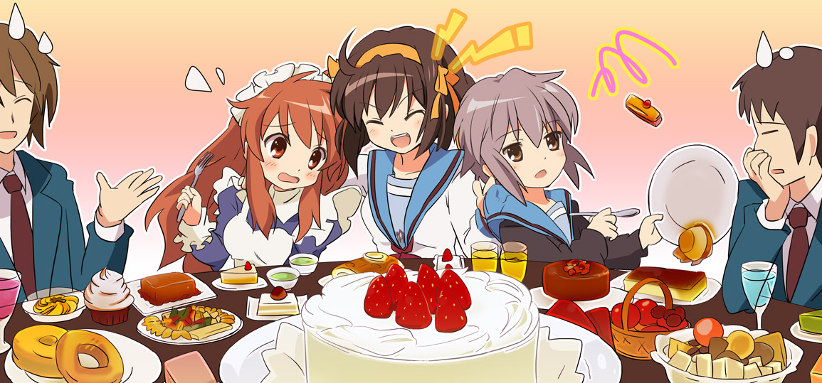 ixy, asahina mikuru, koizumi itsuki, kyon, nagato yuki, suzumiya haruhi, suzumiya haruhi no yuuutsu, 00s, 2boys, 3girls, blush, brown eyes, brown hair, cake, eating, food, gradient background, happy, long hair, multiple boys, multiple girls, pastry, plate, school uniform, serafuku, short hair, sweets, waitress