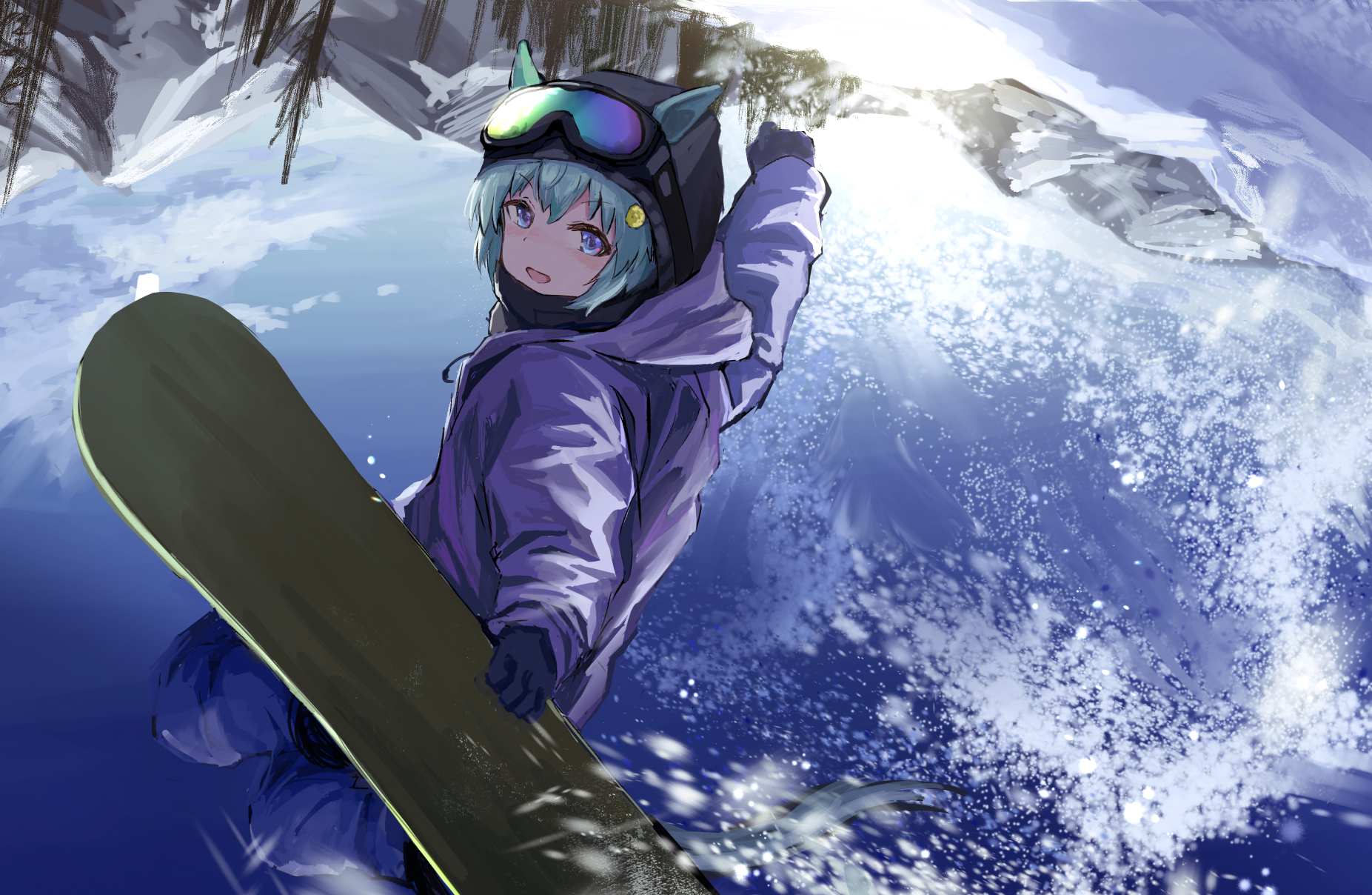 seikatsu, seiun sky (umamusume), umamusume, highres, 1girl, aqua hair, black hat, blue eyes, blush, ears through headwear, gloves, goggles, goggles on head, hair between eyes, hat, holding snowboard, jacket, looking at viewer, open mouth, purple gloves, purple jacket, short hair, snow, snow goggles, solo