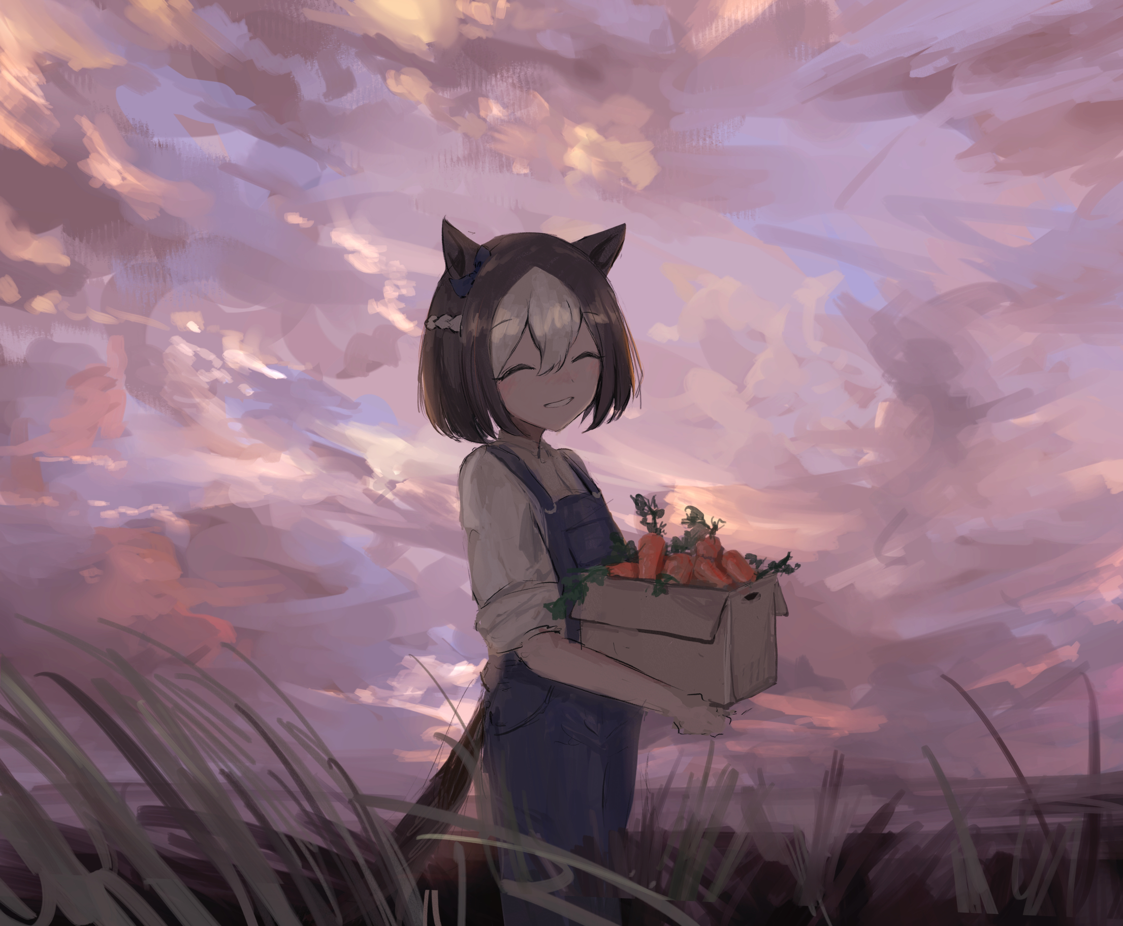 seikatsu, special week (umamusume), umamusume, highres, 1girl, animal ears, basket, blue overalls, brown hair, carrot, closed eyes, grin, hair between eyes, holding, holding basket, horse ears, horse girl, horse tail, looking at viewer, multicolored hair, overalls, shirt, short hair, smile, solo, tail, two-tone hair, white hair, white shirt
