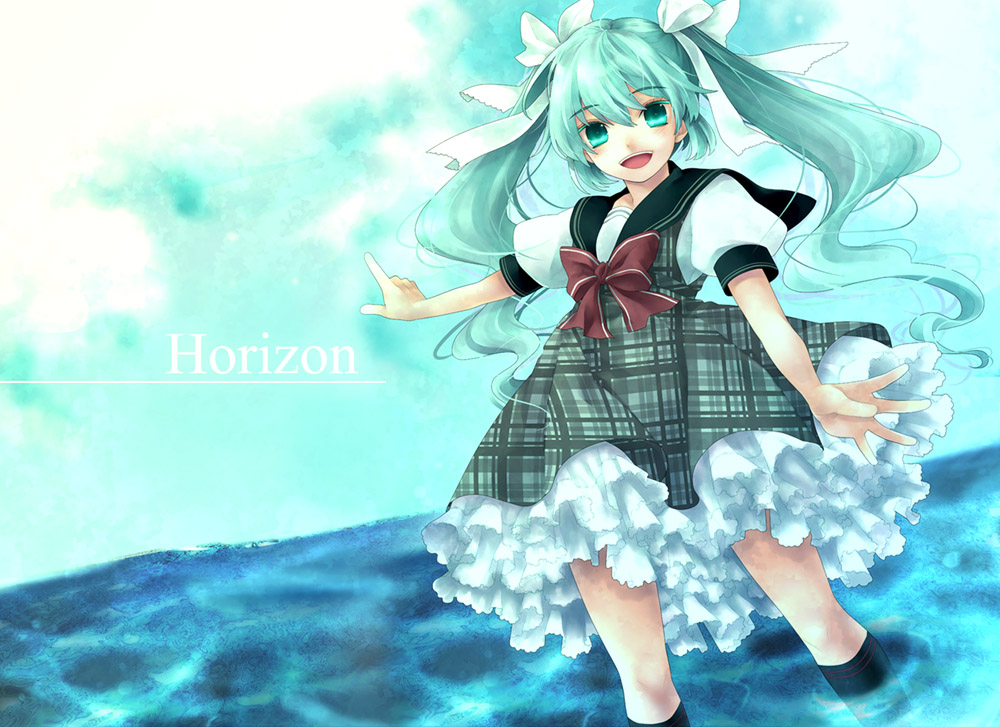 yoko (shiocolor), hatsune miku, sound horizon, vocaloid, plaid, bad id, bad pixiv id, 1girl, blue eyes, blue hair, dress, female focus, frills, gathers, kneehighs, long hair, matching hair/eyes, outdoors, petticoat, sailor collar, school uniform, sky, socks, solo, twintails, wading, water