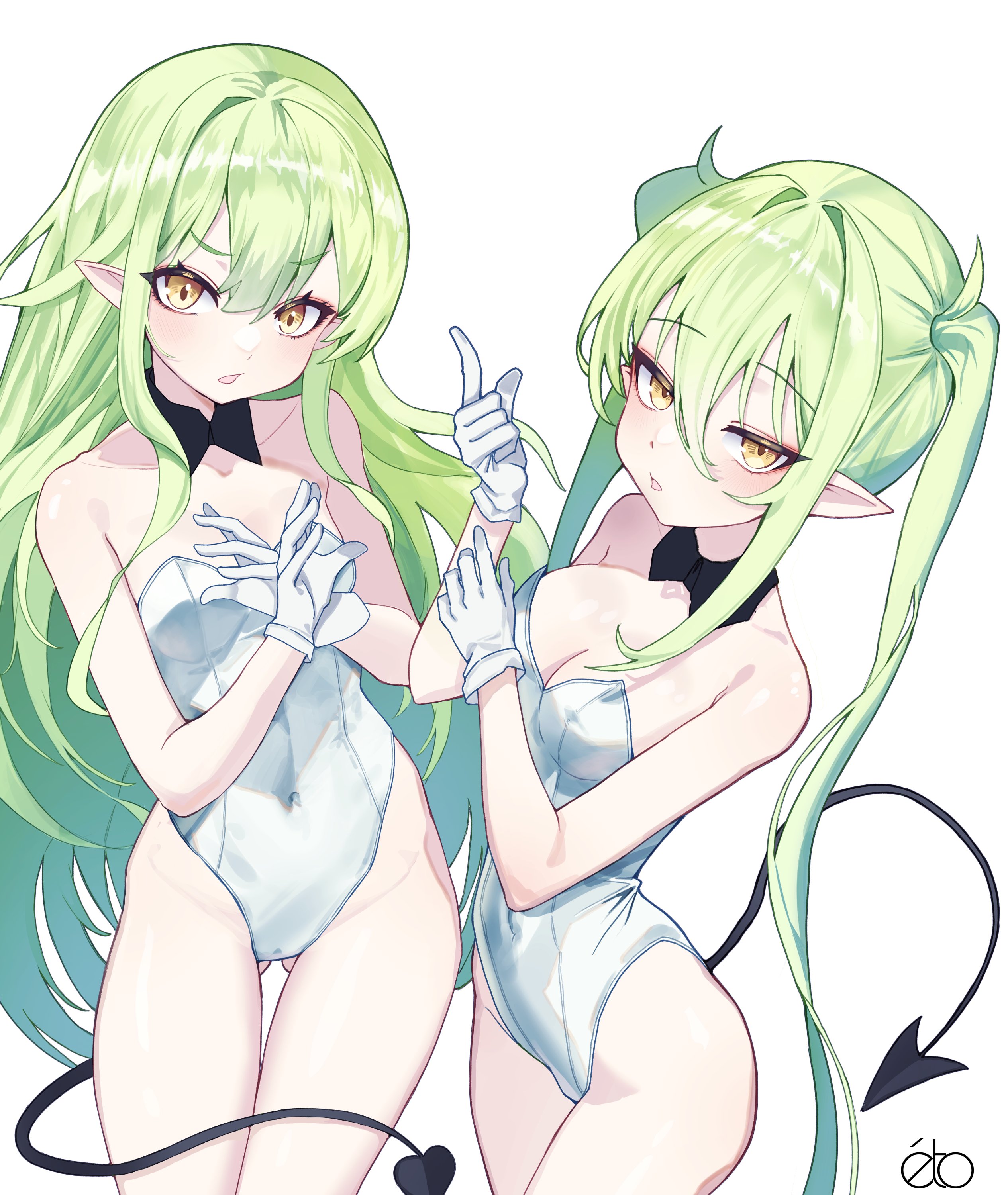 ahneato, hikari (blue archive), nozomi (blue archive), blue archive, absurdres, highres, 2girls, black bow, black bowtie, black tail, bow, bowtie, breasts, covered navel, demon tail, detached collar, gloves, green hair, highleg, highleg leotard, leotard, long hair, looking at viewer, multiple girls, no halo, open mouth, playboy bunny, pointy ears, siblings, simple background, sisters, small breasts, strapless, strapless leotard, tail, twins, twintails, white background, white gloves, white leotard, yellow eyes