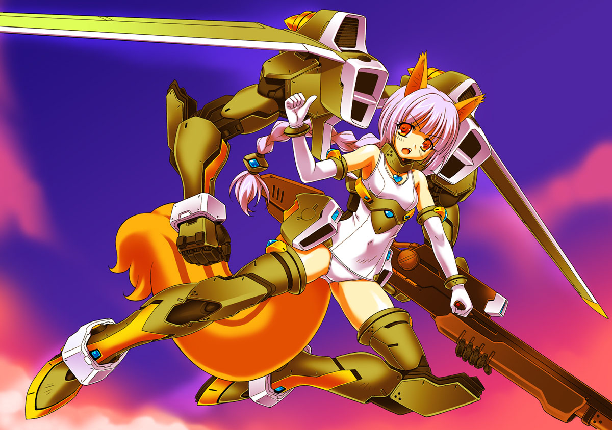 ngo (ngo dandelion), original, 1girl, animal ears, braid, elbow gloves, female focus, gloves, long hair, mecha, mecha musume, one-piece swimsuit, pink hair, red eyes, robot, school swimsuit, solo, swimsuit, tail, white one-piece swimsuit, white school swimsuit