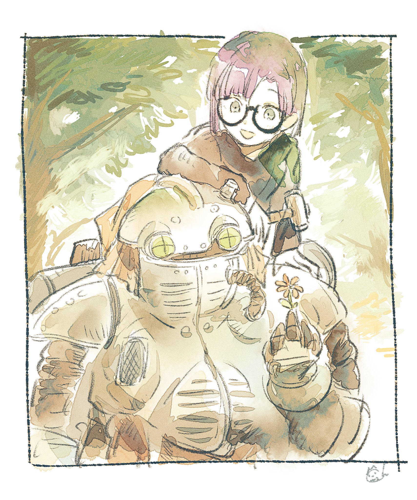 asumi chikyuu, lucca ashtear, robo (chrono trigger), chrono trigger, highres, 1girl, 1other, artificial eye, blunt bangs, blunt ends, border, brown shoes, flower, forest, glasses, holding, holding flower, leaning on person, mechanical arms, mechanical eye, nature, open mouth, parted bangs, purple hair, robot, shoes, sign, sketch, smile, tree, tunic, upper body, white border