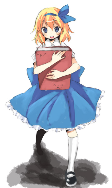 miya (tsumazukanai), alice margatroid, alice margatroid (pc-98), mystic square, touhou, touhou (pc-98), 1girl, blonde hair, blue eyes, book, bow, female focus, hair bow, mary janes, shoes, solo
