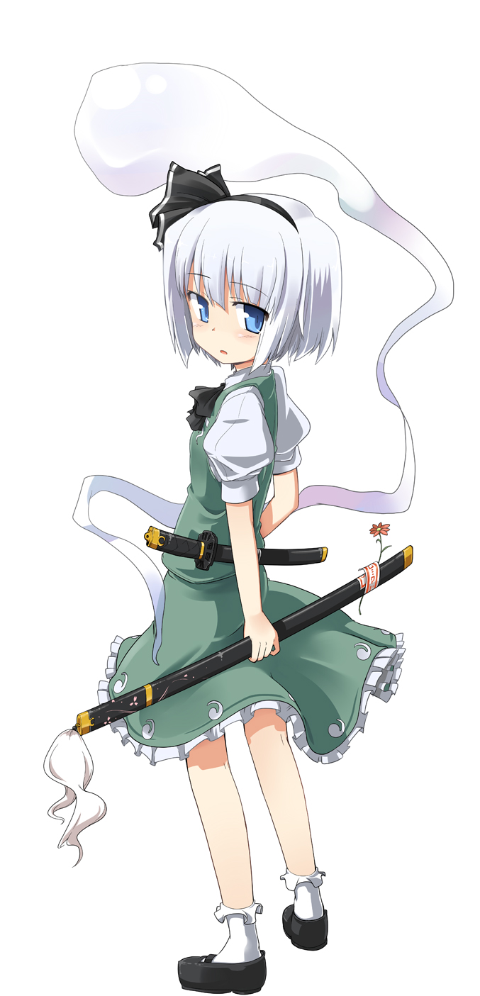 mamo williams, konpaku youmu, konpaku youmu (ghost), touhou, highres, long image, tall image, 1girl, blue eyes, bob cut, bobby socks, female focus, hairband, hitodama, katana, looking back, sheath, sheathed, short hair, simple background, socks, solo, standing, sword, weapon, white hair