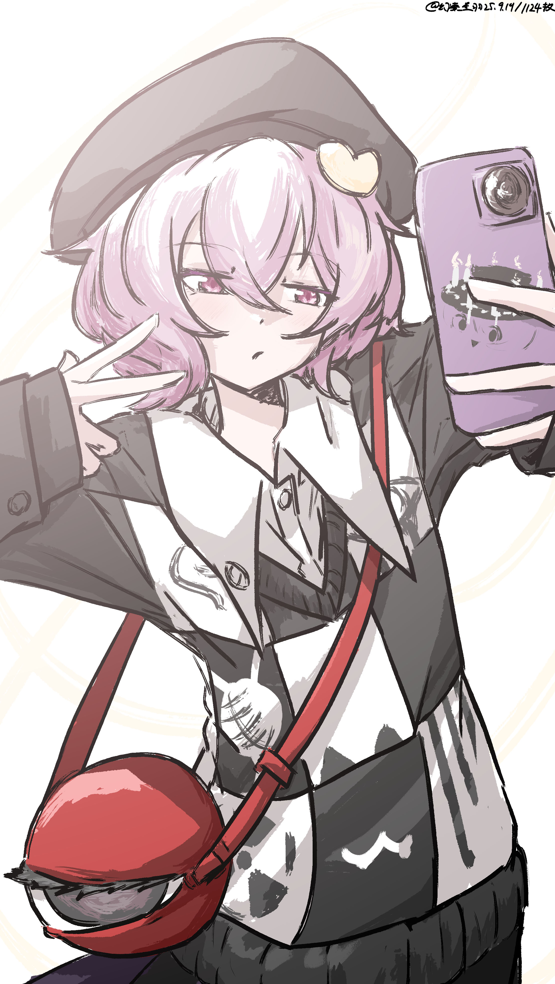 ve1024, komeiji satori, touhou, absurdres, highres, 1girl, alternate costume, bag, beret, black hat, cellphone, checkered sweater, collared shirt, hair ornament, handbag, hat, heart, heart hair ornament, holding, holding phone, one-hour drawing challenge, phone, purple hair, shirt, smartphone, solo, taking picture, upper body