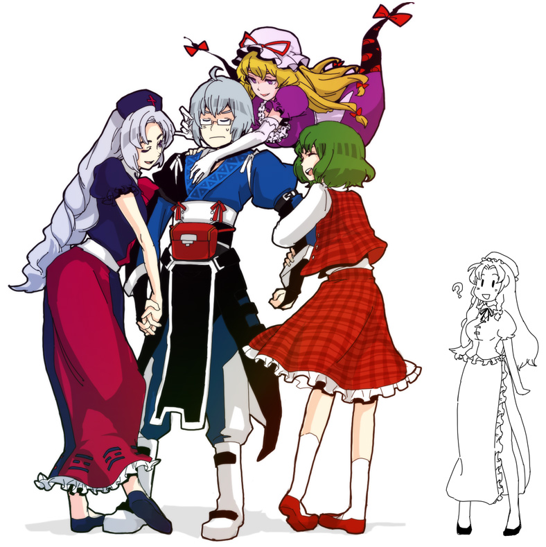 yukizen, hong meiling, kazami yuuka, morichika rinnosuke, yagokoro eirin, yakumo yukari, touhou, 1boy, 4girls, ?, artistic error, china dress, chinese clothes, dress, gap (touhou), green hair, hat, hetero, holding hands, multiple girls, plaid clothes, plaid skirt, plaid vest, red eyes, short hair, skirt, skirt set, spoken question mark, vest