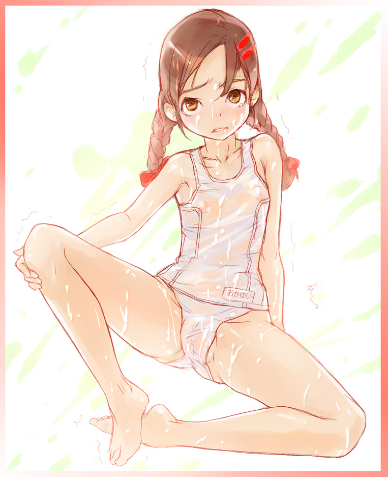 uni8, uniskie saabunrou, bad id, bad pixiv id, 1girl, barefoot, braid, feet, female focus, flat chest, loli, one-piece swimsuit, school swimsuit, see-through clothes, sketch, solo, suggestive fluid, swimsuit, twin braids, twintails, wet, white one-piece swimsuit, white school swimsuit