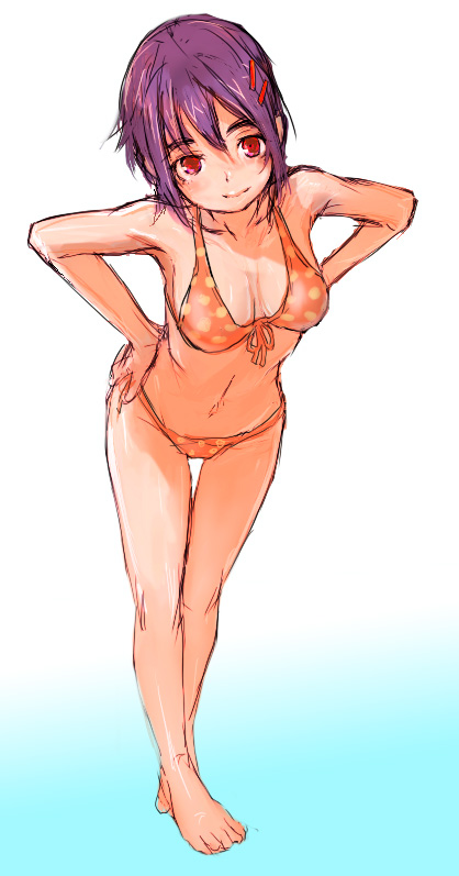 uni8, uniskie saabunrou, bad id, bad pixiv id, 1girl, barefoot, bent over, bikini, feet, female focus, hair ornament, hairpin, hands on own hips, leaning forward, legs, navel, orange bikini, polka dot, polka dot bikini, polka dot swimsuit, purple hair, red eyes, short hair, sketch, solo, swimsuit