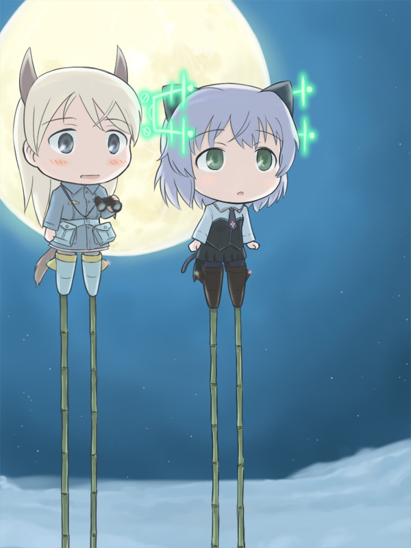 eila ilmatar juutilainen, sanya v. litvyak, strike witches, world witches series, uniform, 00s, 2girls, bamboo, black pantyhose, chibi, cloud, hirschgeweih antennas, moon, multiple girls, necktie, night, pantyhose, sky, star (sky), star (symbol), starry sky, stilts, striker unit, tail, white pantyhose