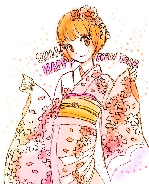 ebikichi, mankanshoku mako, kill la kill, commentary, 2014, bob cut, brown eyes, brown hair, cherry blossoms, english text, faux traditional media, flower, furisode, hair flower, hair ornament, japanese clothes, kanzashi, kimono, new year, petals, pink flower, solo, white background