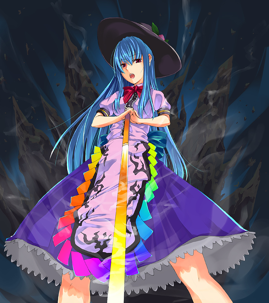 unasaka ryou, hinanawi tenshi, touhou, 1girl, blue hair, female focus, food, fruit, hands on hilt, hat, long hair, open mouth, peach, red eyes, ribbon, solo, sword, sword of hisou, weapon