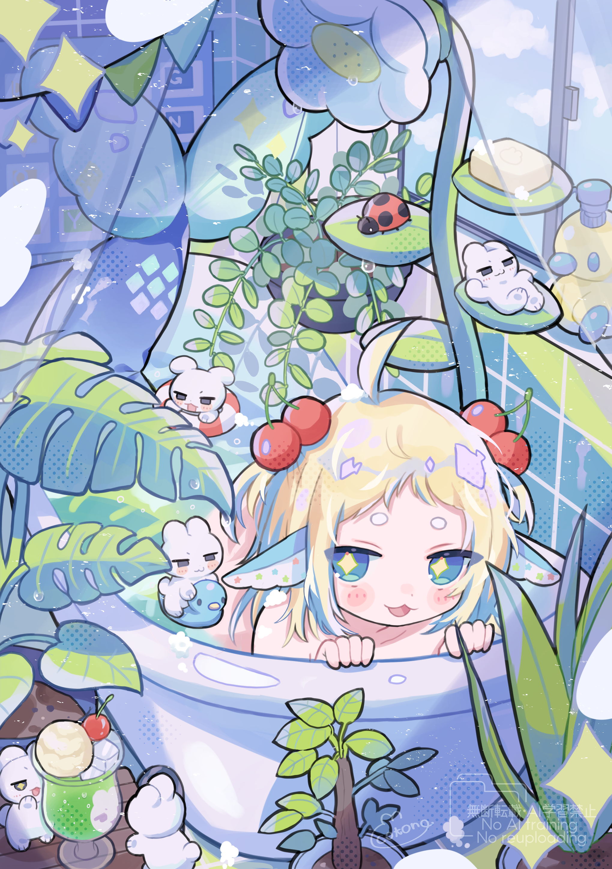 cotono (nazekun), original, absurdres, highres, 1girl, bathing, blonde hair, bug, cherry hair ornament, food, food-themed hair ornament, hair ornament, ice cream, ice cream float, in bathtub, indoors, insect, ladybug, looking at viewer, mermaid, monster girl, plant, pointy ears, potted plant, rabbit
