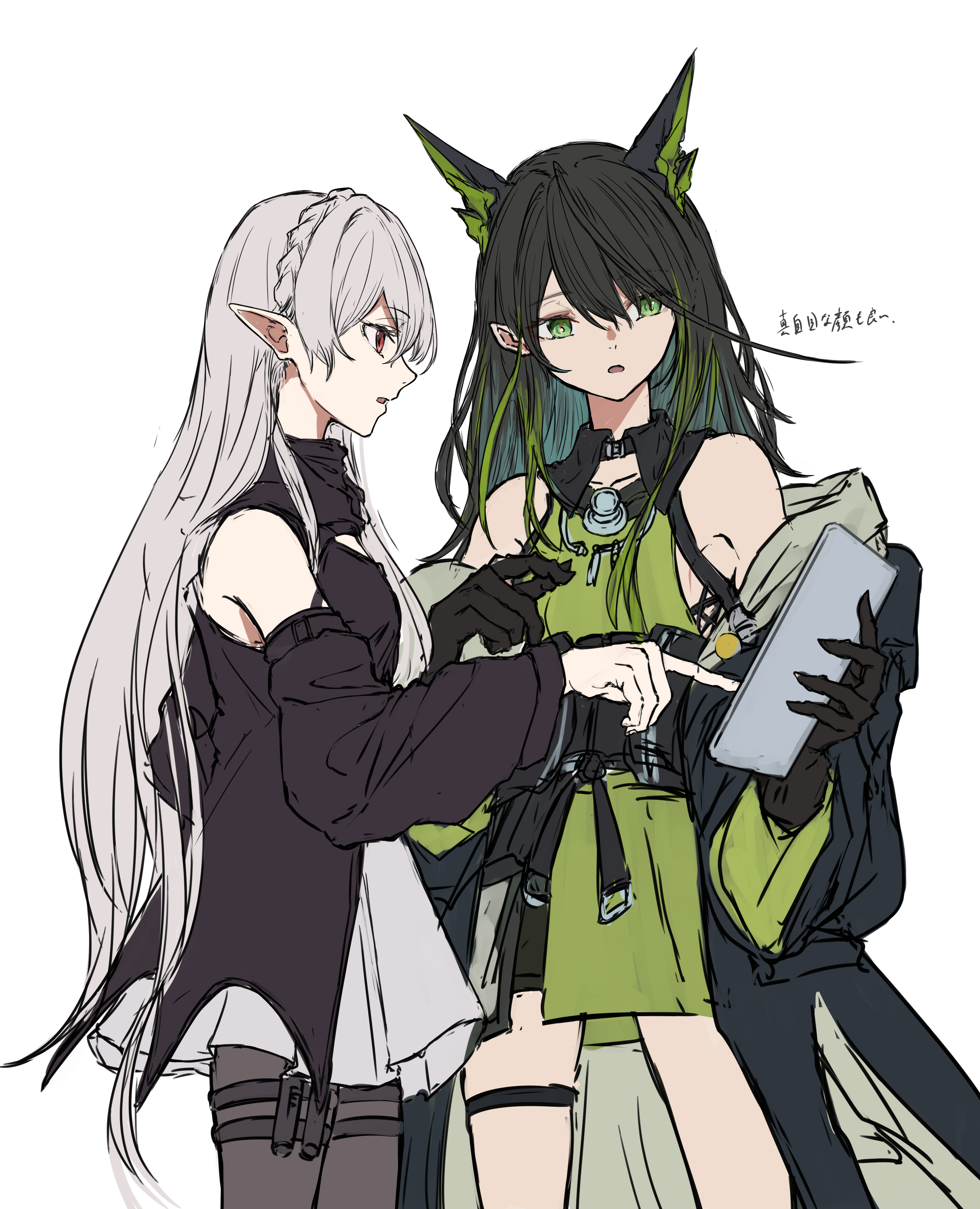 knm kamakura, mon3tr (arknights), warfarin (arknights), arknights, absurdres, highres, translation request, 2girls, black coat, black dress, black hair, black hands, black pantyhose, black sleeves, braid, breasts, brown eyes, coat, colored extremities, detached sleeves, dress, from side, green dress, green eyes, green hair, grey dress, grey hair, hair between eyes, holding, holding tablet pc, long hair, multicolored hair, multiple girls, off shoulder, open clothes, open coat, pantyhose, parted lips, pointy ears, profile, simple background, small breasts, tablet pc, talking, thigh strap, white background