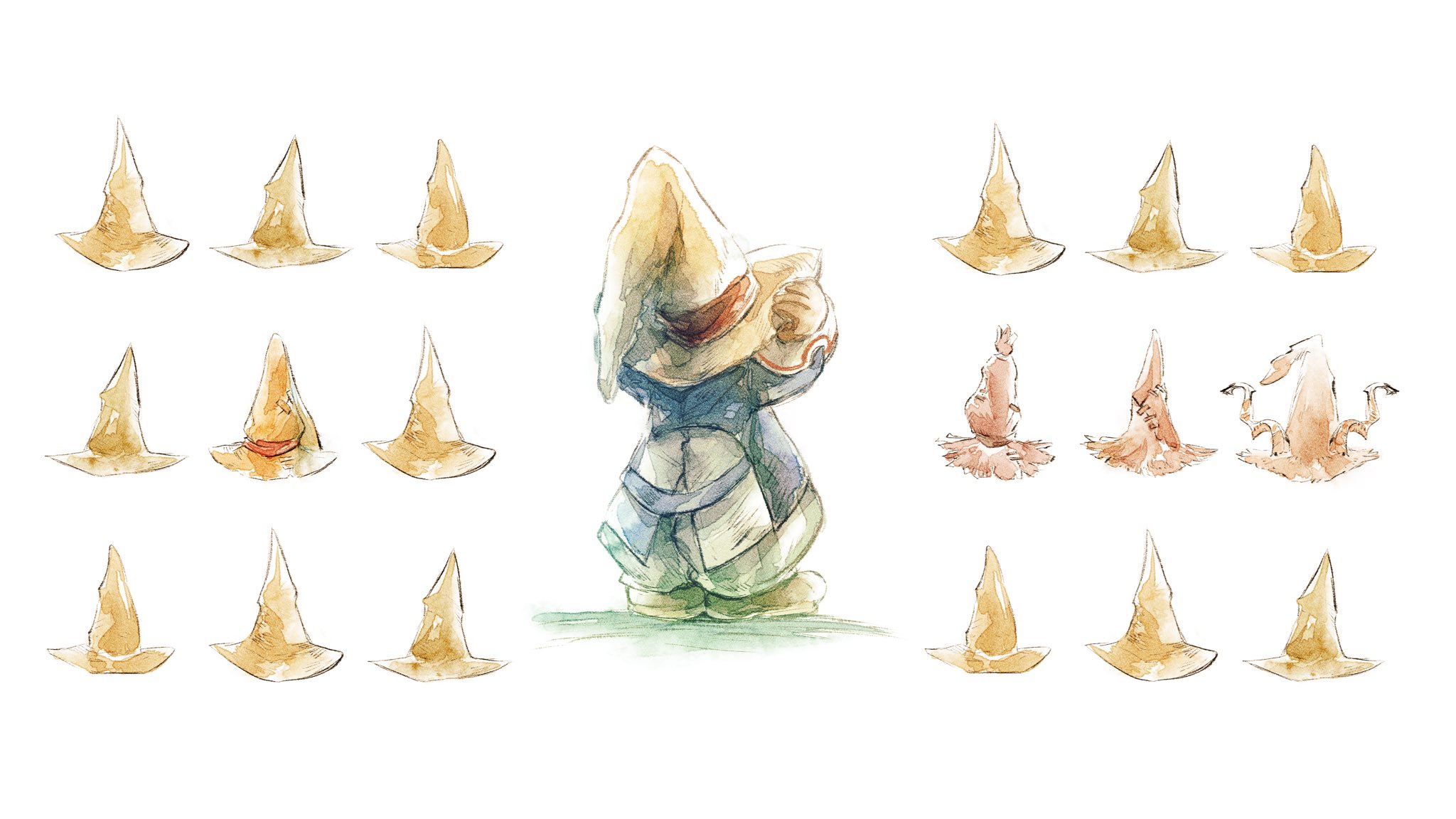 asumi chikyuu, black mage (final fantasy), vivi ornitier, final fantasy, final fantasy ix, highres, 1boy, blue coat, boots, brown boots, brown gloves, coat, facing away, full body, gloves, hand on headwear, hands on headwear, hat, hat ribbon, male focus, pants, ribbon, solo, standing, striped clothes, striped pants, white background, wizard hat, yellow hat