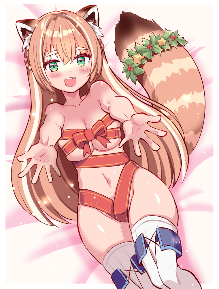 cougar (cougar1404), yuria of ailurus, indie virtual youtuber, animal ear fluff, animal ears, breasts, gift, gift wrapping, green eyes, long hair, looking at viewer, mistletoe, navel, only pantyhose, open hands, open mouth, red panda ears, red panda girl, red panda tail, red ribbon, ribbon, teeth, thighhighs, thighs, upper teeth only, virtual youtuber, wrapped up