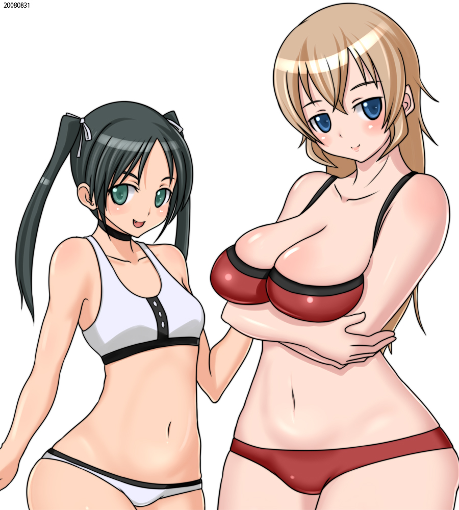 monmonism, charlotte e. yeager, francesca lucchini, strike witches, world witches series, breast hold, bad id, bad pixiv id, 00s, 2girls, bikini, black hair, blonde hair, blue eyes, blush, breasts, cleavage, curvy, flat chest, green eyes, large breasts, long hair, multiple girls, navel, open mouth, short hair, small breasts, smile, swimsuit, twintails