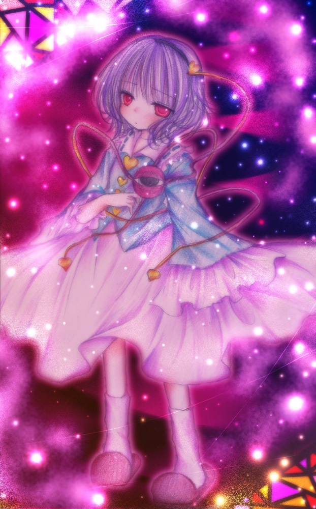 kasuga sunao, komeiji satori, touhou, 1girl, female focus, hair ornament, purple hair, red eyes, short hair, slippers, solo, third eye