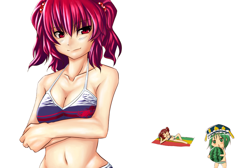 hosoi kouzou, kouzou (pixiv), onozuka komachi, shiki eiki, touhou, bad id, bad pixiv id, 2girls, bikini, breasts, chibi, cleavage, crossed arms, female focus, flower, food, fruit, green eyes, green hair, hat, multiple girls, no pupils, red eyes, red flower, red hair, saliva, short hair, sleeping, spider lily, swimsuit, watermelon