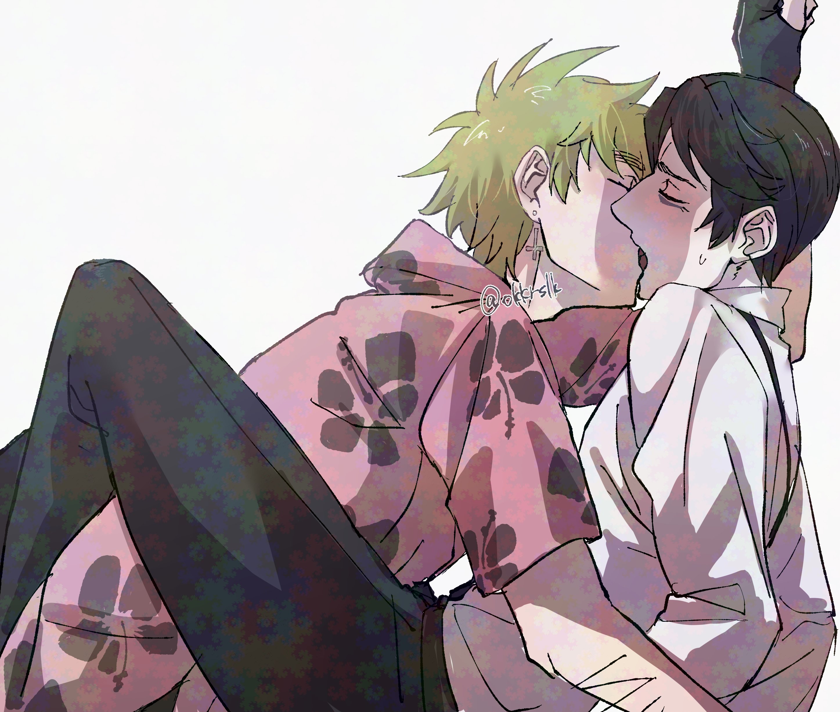 hatahata (okkrslk), kaiki deishuu, oshino meme, monogatari (series), absurdres, highres, 2boys, arm hair, bags under eyes, black gloves, black hair, black pants, blonde hair, closed eyes, collared shirt, cross, fingerless gloves, french kiss, gloves, hawaiian shirt, inverted cross, jewelry, kiss, long sleeves, male focus, multiple boys, pants, pink shirt, shirt, short hair, short sleeves, simple background, suspenders, white background, white shirt, yaoi