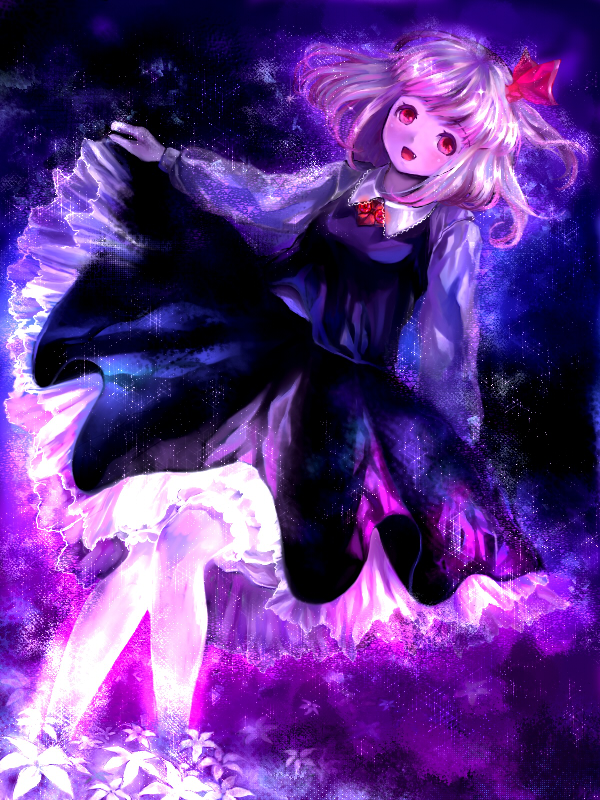 ajiko, ajiko (mewmeow), rumia, embodiment of scarlet devil, touhou, bad id, bad pixiv id, 1girl, blonde hair, fang, female focus, hair ribbon, necktie, red eyes, ribbon, short hair, smile, solo