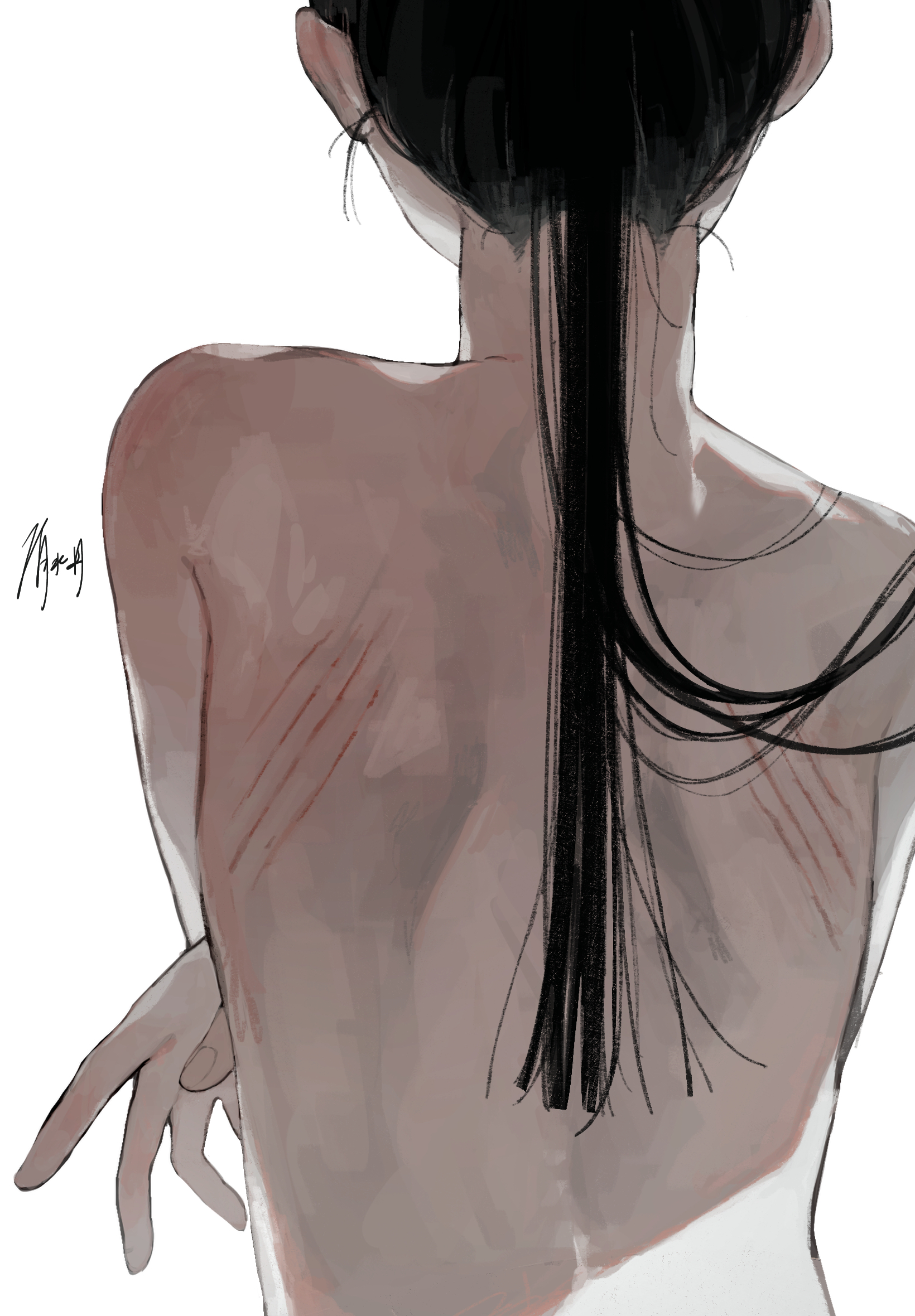 shimizu en (shimizuen3310), original, highres, 1boy, back, back focus, black hair, facing away, from behind, long hair, male focus, ponytail, scratches, signature, simple background, solo, topless male, upper body, white background