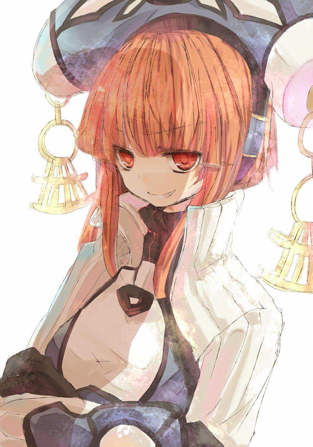 tetsuo (tashirosu), maya (dewprism), dewprism, bad id, bad pixiv id, highres, 1girl, crossed arms, female focus, grin, hat, orange hair, red eyes, short hair, simple background, smile, solo