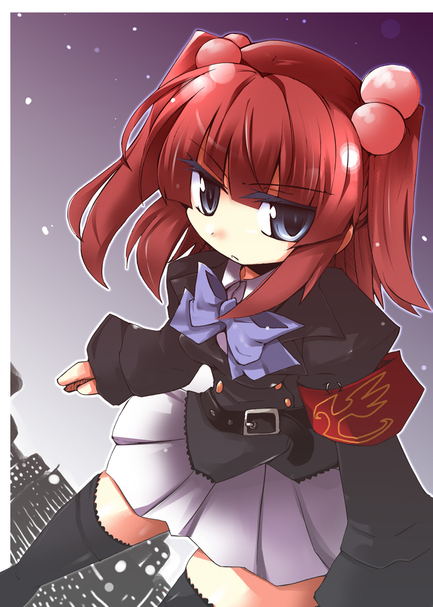 shirogane (platinum), ushiromiya ange, umineko no naku koro ni, 00s, 1girl, :<, armband, blue eyes, blunt bangs, bow, female focus, hair bobbles, hair ornament, jacket, outdoors, red hair, school uniform, skirt, sky, solo, thighhighs, twintails, two side up, zsilver