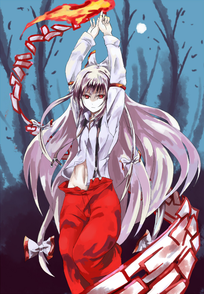 shibasaki shouji, fujiwara no mokou, touhou, silver hair, bad id, bad pixiv id, 1girl, element bender, female focus, fire, long hair, ribbon, solo
