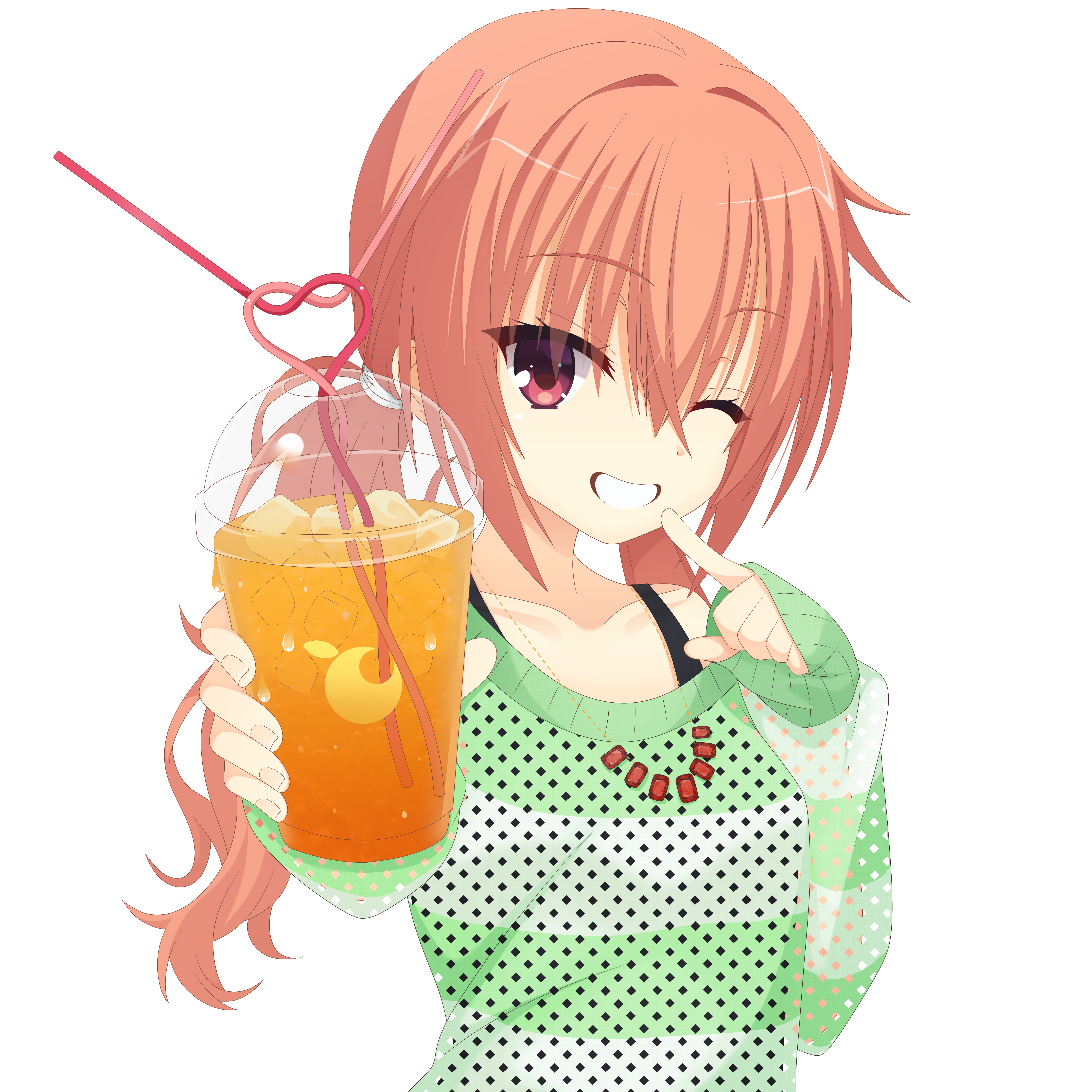 kaon zz, inaba meguru, sanoba witch, absurdres, commentary request, commission, highres, pixiv commission, 1girl, ;d, collarbone, cup, disposable cup, drinking straw, eyes visible through hair, green sweater, grin, hair between eyes, hair intakes, hands up, happy, heart, holding, holding cup, index finger raised, long hair, looking at viewer, low twintails, official alternate costume, official alternate hairstyle, one eye closed, open mouth, orange hair, red eyes, simple background, sleeves past wrists, smile, solo, sweater, tsurime, twintails, upper body, white background