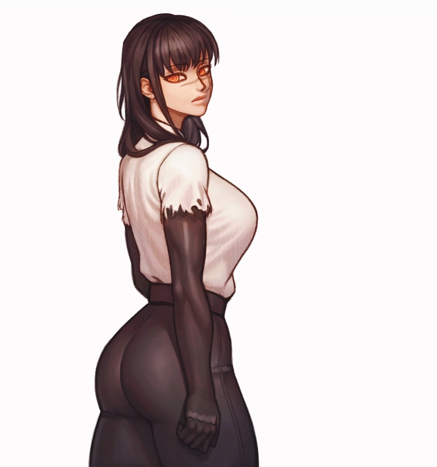 redteneri, yoru (chainsaw man), chainsaw man, highres, 1girl, ass, black gloves, black hair, black pants, breasts, cowboy shot, elbow gloves, gloves, high-waist pants, lips, pants, ringed eyes, scar, scar on face, shirt, solo, torn clothes, white shirt, yellow eyes