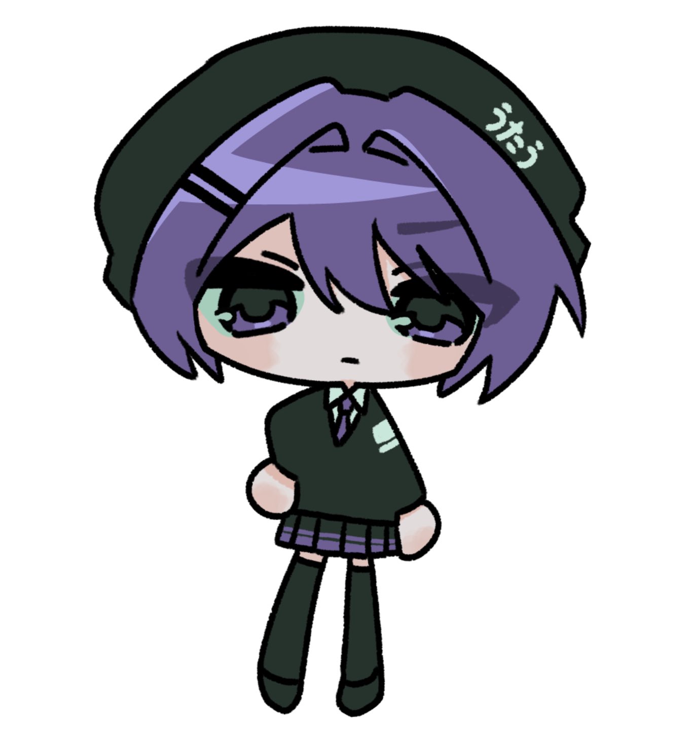 sn (sn utu00), utane uta, utau, highres, 1girl, beret, black boots, black hat, black sweater, boots, chibi, chibi only, closed mouth, hat, long sleeves, looking at viewer, miniskirt, necktie, pleated skirt, purple eyes, purple hair, purple necktie, short hair, skirt, solo, sweater, thigh boots