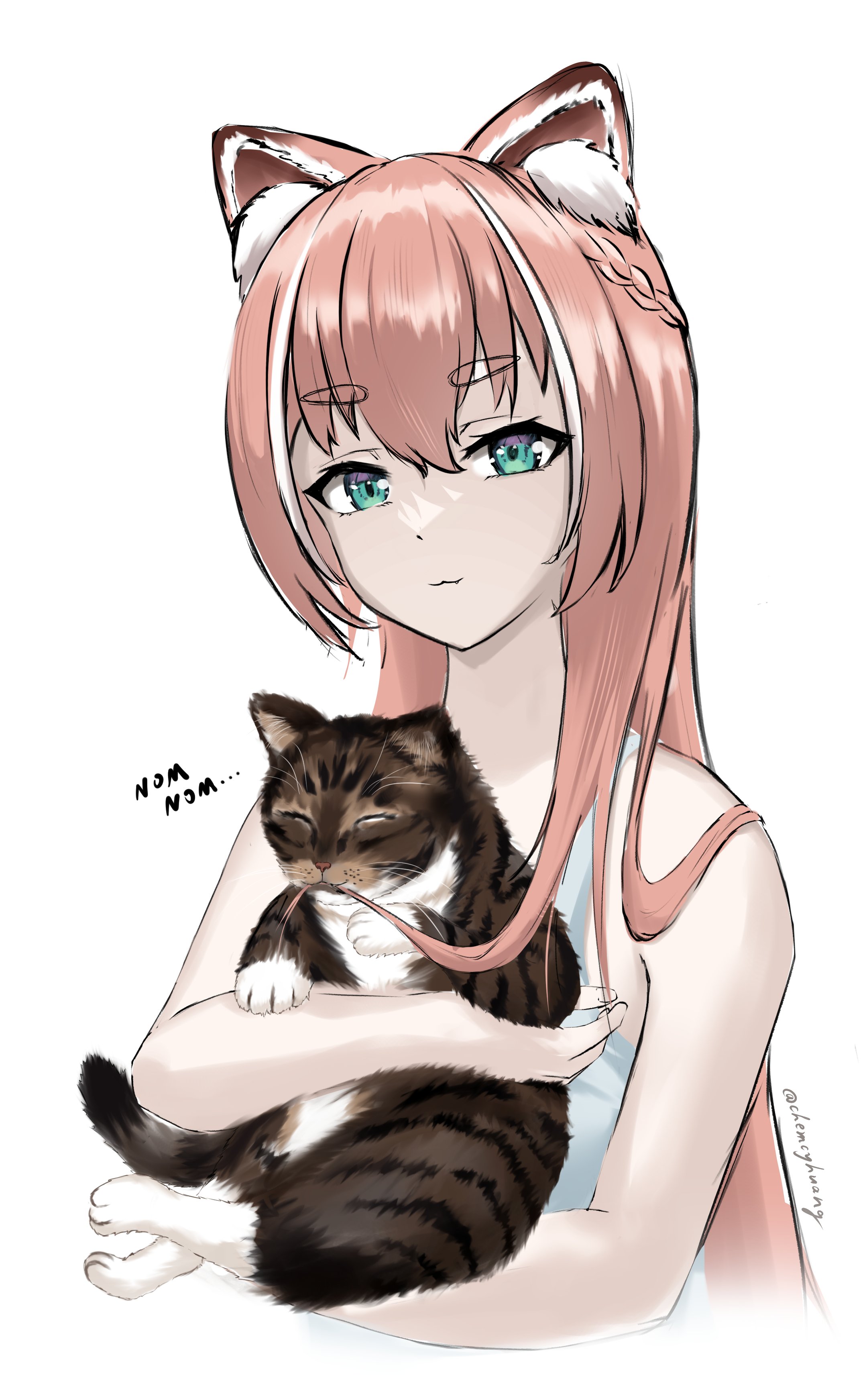 chia-yu huang, yuria of ailurus, indie virtual youtuber, absurdres, highres, animal, animal ear fluff, animal ears, bare shoulders, cat, closed mouth, green eyes, holding, holding animal, holding cat, long hair, looking at viewer, red panda ears, red panda girl, shirt, white shirt