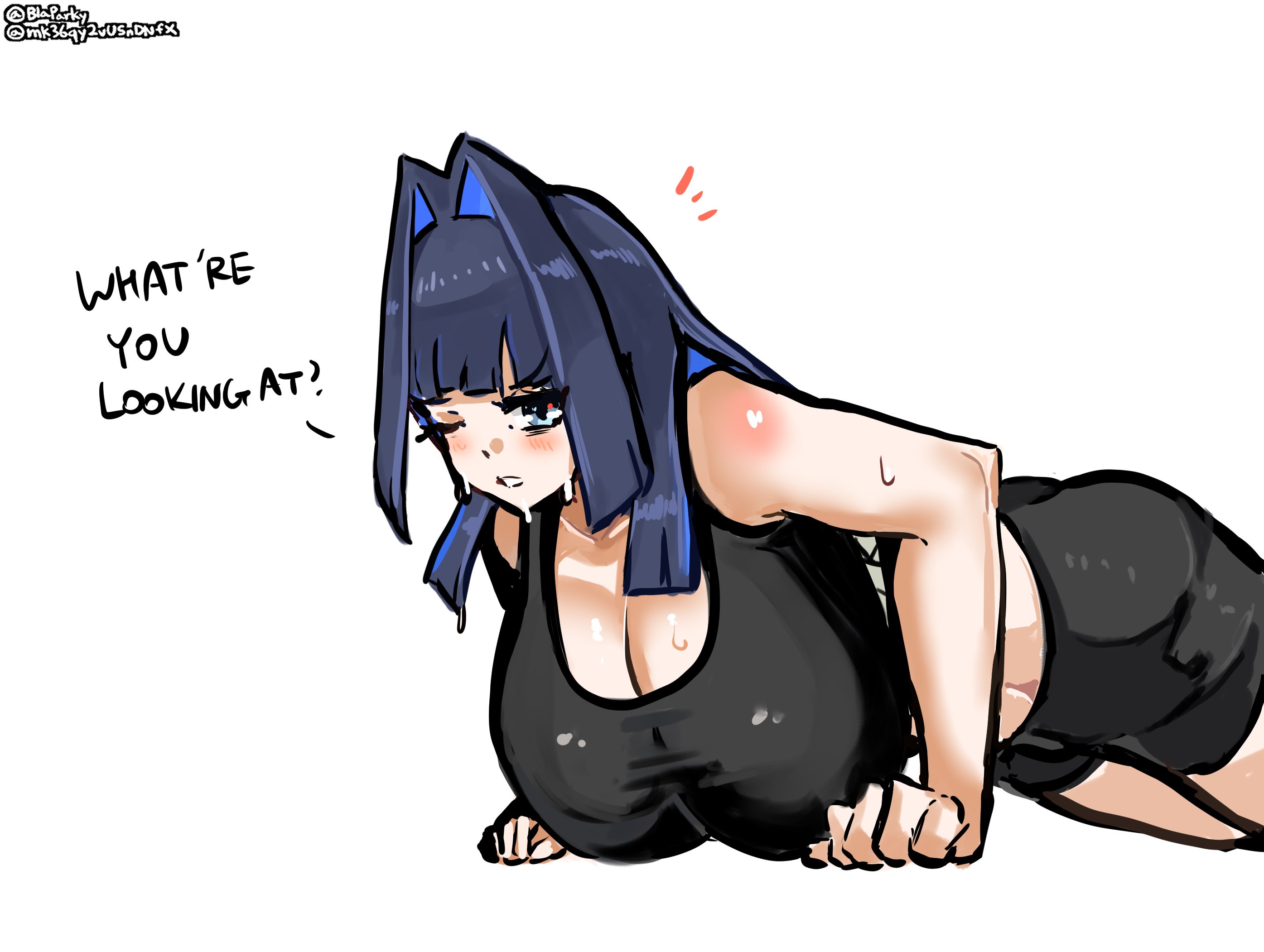 blaparky, ouro kronii, holocouncil, hololive, hololive english, holopromise, highres, 1girl, alternate costume, black hair, black shorts, black tank top, blue eyes, blue hair, breasts, colored inner hair, exercising, hair intakes, large breasts, long hair, looking at viewer, multicolored hair, push-ups, shorts, simple background, sweat, tank top, virtual youtuber