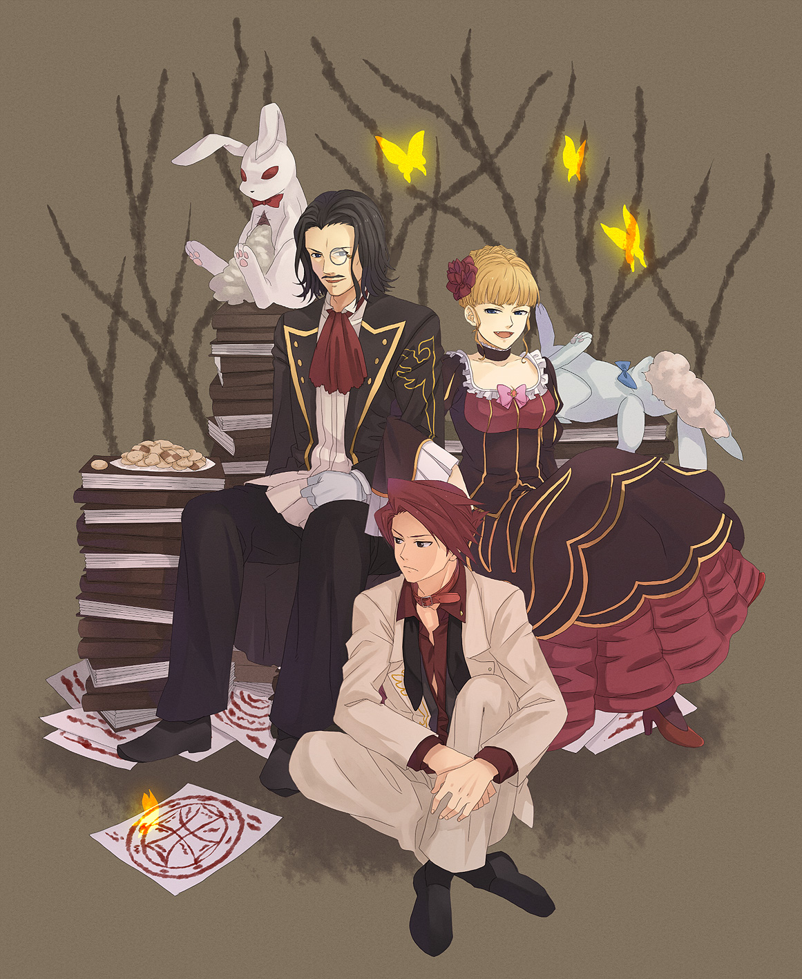 noshio, beatrice (umineko), ronove (umineko), ushiromiya battler, umineko no naku koro ni, uniform, bad id, bad pixiv id, highres, 00s, 1girl, 2boys, ascot, black dress, black hair, blonde hair, book, book stack, brown background, dress, formal clothes, full body, indian style, long sleeves, multiple boys, pants, red hair, short hair, simple background, sitting, spread legs, suit