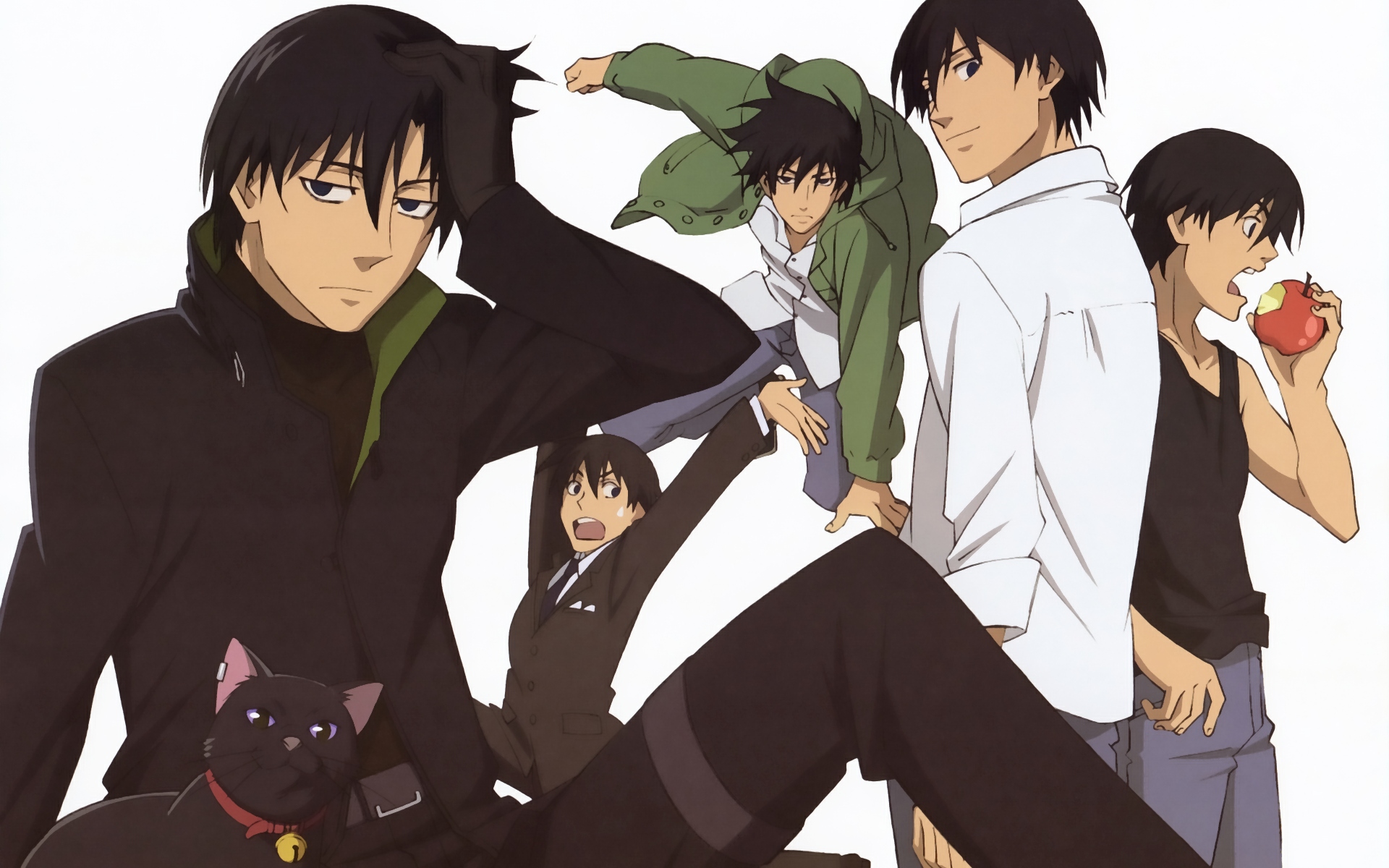 hei (darker than black), mao (darker than black), darker than black, highres, 00s, 1boy, apple, black cat, cat, eating, food, fruit, holding, holding food, holding fruit, multiple persona
