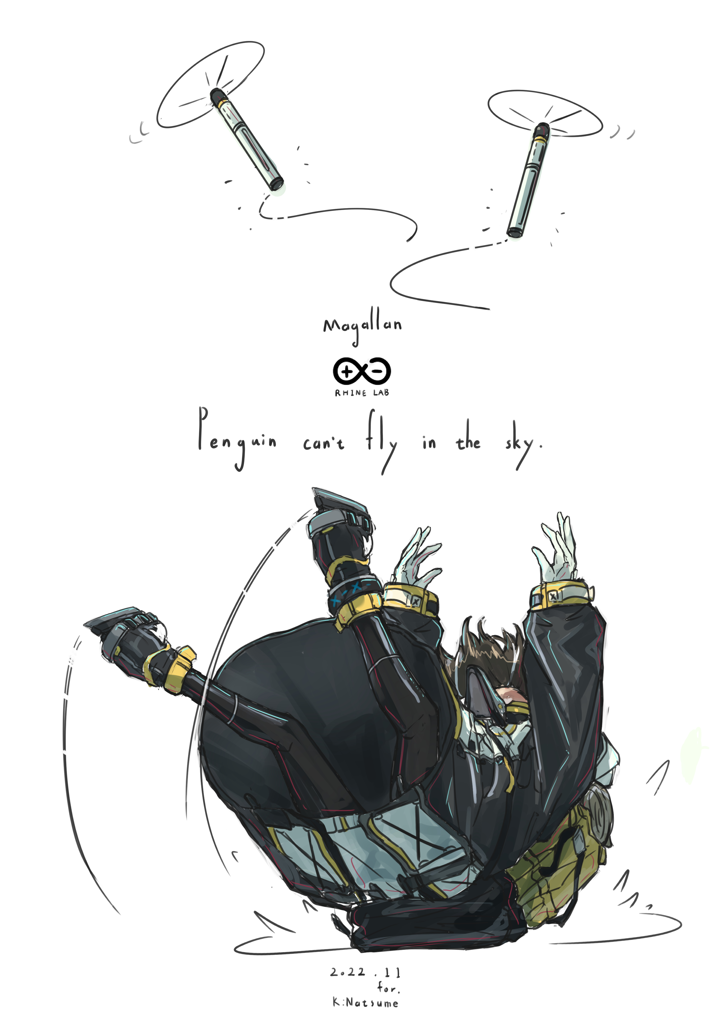 knm kamakura, magallan (arknights), arknights, absurdres, highres, 1girl, backpack, bag, black coat, black pants, brown hair, character name, coat, dated, dress, drone, english text, falling, green bag, grey hair, ice skates, long sleeves, motion lines, pants, rhine lab logo, simple background, skates, solo, white background, white dress
